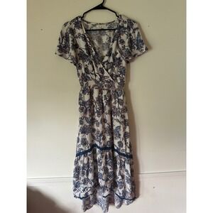 Maurices Floral Paisley Midi Dress XS Boho Wrap V-Neck High Low Smocked‎